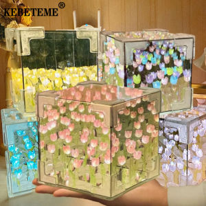 KEBETEME DIY Tulip Mirror Cube Lamp Simulation Flower Bedroom Sleeping Table Lamp Handmade Craft Tulips Mirror Night Light Birthday Gift