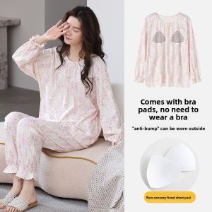 MiiOW | Pure Cotton Sleepwear Set With Chest Pad Long Sleeve Home Clothes For Women Spring Autumn Style Casual Comfortable Breathable