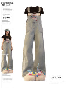 Loose Fit American Retro Embroidered Denim Overalls Womens Spring Summer Wide Leg Long Pants Casual Style Multi Pocket Jeans