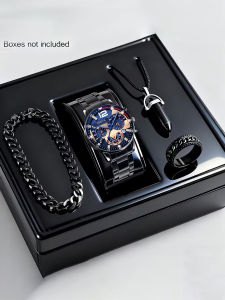 Mens Trendy Quartz Watch Set with Bracelet Necklace Ring Calendar Function Birthday Gift Not Including Box
