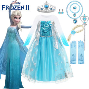 ชุดเดรสเอลซ่าสำหรับเด็กผู้หญิงชุดคอสเพลย์ราชินีหิมะพร้อมสร้อยคอชุดอุปกรณ์เสริมสำหรับถักเปียวิกผมมงกุฎสำหรับชุดเจ้าหญิงฟรอเซ็นเด็กผู้หญิงเด็กน้อย