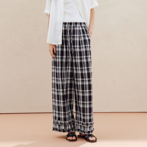 INMAN | Vintage Plaid Drawstring Loose Slimming Ruffle Trim Wide-Leg Pants