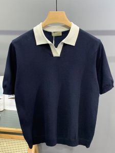 High-End Color Block V-Neck Polo Shirt Mens Summer New Breathable Ice Silk Knitted Short Sleeve Turn-down Collar T-Shirt