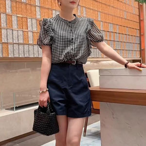 Shalldoer | Fashionable Commute Set Womens Summer Bubble Sleeve Plaid Stand Collar Short Sleeve Shirt Straight Casual Pants Two Piece Set