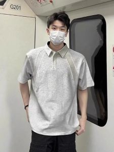 American Style Mens Short Sleeve POLO Shirt Boxy Fit Breathable Summer T-Shirt Shoulder Insertion Five Sleeve Cotton Casual Wear