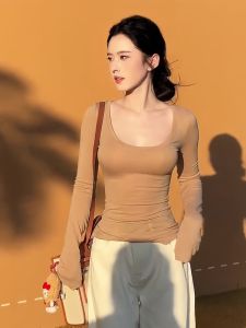 Slim Fit Long Sleeve U-Neck T-Shirt Womens Fashionable Base Shirt Exposing Clavicle Pure Color Commute Korean Style Spring