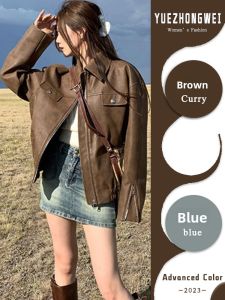 YUEZHONGWEI | Vintage Brown PU Leather Jacket Women Short