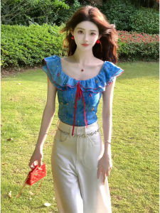 YUEZHONGWEI | เสื้อเชิ้ตแขนสั้นผู้หญิงสไตล์ฝรั่งเศสย้อนยุคสีฟ้าลายดอกไม้ ทรงเข้ารูป เอวสั้น คอวี แขนกุด แฟชั่นฤดูร้อน