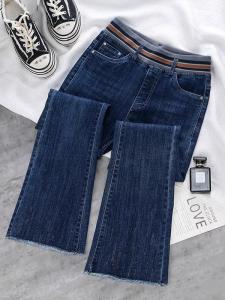สูง เอว ยืดได้ สลิมฟิต ทันสมัย ลำลอง ผ้าขนแกะ กางเกงยีนส์ Micro Flare มีเส้น ผู้หญิง Premium Denim กางเกงขายาว สําหรับ ฤดูใบไม้ร่วง