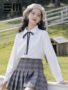 Áo Sơ Mi Dài Tay Màu Trắng Cho Nữ Mùa Thu Mới Thiết Kế Thanh Lịch Ngọt Ngào Nơ Bướm Xếp Ly Thường Ngày Chất Liệu Polyester