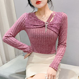 Yimei áo phiên bản Hàn Quốc cổ chữ V chéo hình nơ dáng ôm mới bất đối xứng Áo Thun Nữ lấp lánh 2024 dài tay áo Thun Cơ Bản dệt kim màu xanh dương ý nghĩa thiết kế cho mùa thu và mùa đông