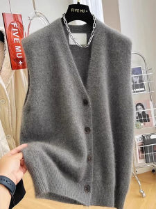 Áo Len Lông Gấu Màu Xám Không Tay Cổ Chữ V Cho Nữ Áo Khoác Ngoài Thường Ngày Áo Len Lông Gấu Thời Trang Xuân Thu Cho Nữ