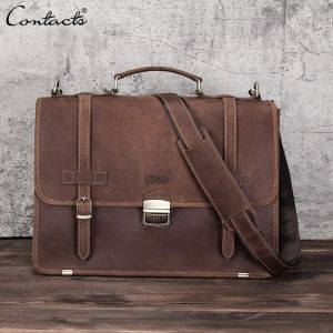 CONTACTS Crazy Horse Leather Mens Bag Briefcase Men Business Bag High Quality Leather Shoulder Messenger Bags for 14" Laptop Bag