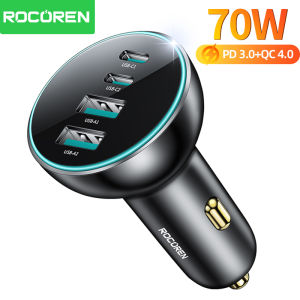 Rocoren 4 in 1 USB C Car Charger 70W Fast Charging USB Type C Car Charger PD QC4.0 Car Charger Adapter for iPhone Xiaomi Samsung