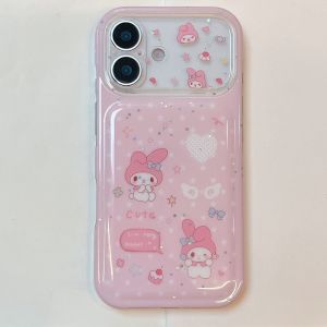 Sanrio | Cute Pink Cartoon Melody Phone Case For iPhone 15 16 17 Pro Max Glitter Large Window Protective Shockproof Phone Cover For Girls