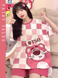 2025 New Summer Womens Sleepwear Home Clothes Thin Cartoon Short Sleeve Shorts Loose Home Clothes Set Sweet Cute Style