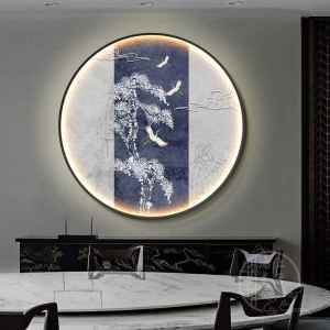 New Chinese Style round Entrance Hall Decorative Painting LED Illuminated Artwork Living Room Corridor Tea Room Hanging Picture