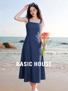 Basic House | Blue Polka Dot Tie Waist Dress