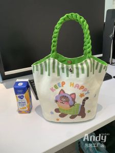 Cute Cartoon Girl Daily Commute Work Canvas Bag Thickened Handheld Womens Tote Bag Soft Handle Magnetic Buckle Closure Foldable