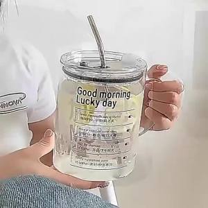 1000ml Large Capacity Glass Tumbler with Lid & Straw - Graduated Markings Leakproof Design for Iced Coffee & Cold Beverages
