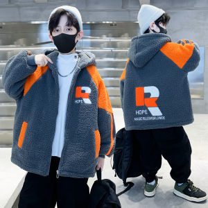 Lamb Velvet Jacket Thickened Autumn Winter Coat for Boys Ages 4-12 with Fleece Casual Zipper Closure Cotton Padded Clothes