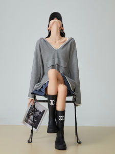 Grey V-Neck Hooded Loose Knit Sweater