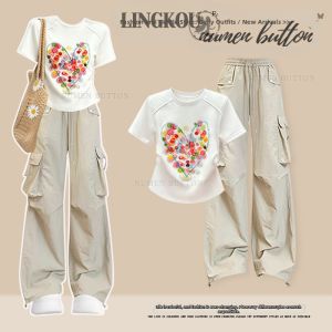 NUMEN BUTTON | Oversized Casual Tshirt and Loose Straight Pants Suit