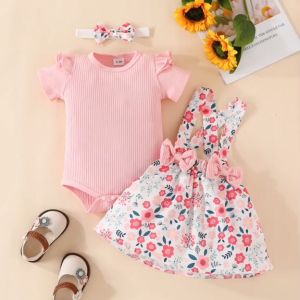 SETELAN BAYI PEREMPUAN 3IN1 FLORAL JUMPER + OVERALL SKIRT + HEADBAND