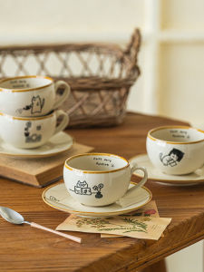 Cute Cat Illustration Ceramic Coffee Cup with Pull Flower Design Tea Time Cat Themed Dinnerware Set Handmade Craft Coffee Cup