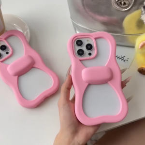 3D เคสศัพท์ซิลิโคนโบว์สีชมพูโปร่งใสสำหรับ iPhone 13 14 15 16 Pro Max เคสซิลิโคนอ่อนนุ่มสำหรับ iPhone 16
