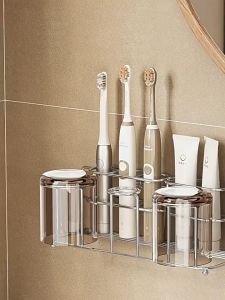 Storix 304 Stainless Steel Wall Mounted Punch-free Bathroom Toothbrush Holder with Mouthwash Cup Storage Rack