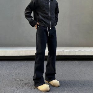 กางเกงยีนส์ทรงตรงสีดำ ทรงหลวม ทรงเข้ารูป สไตล์อเมริกัน สำหรับผู้ชาย กางเกงขายาวทรงหลวมสไตล์ย้อนยุค สวมใส่สบาย