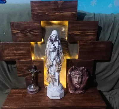 Wooden wall-mounted altar with battery-operated LED lights 55 cm height 55 cm length 15 cm width sturdy built with stiffener/support for added strength.