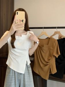 Vintage Bất Đối Xứng Áo Thun Nữ Tay Ngắn Nữ Mùa Hè Slim Fit Thiết Kế Đa Năng Cảm Giác Hẹp Thường Tay Cổ Vuông Phối