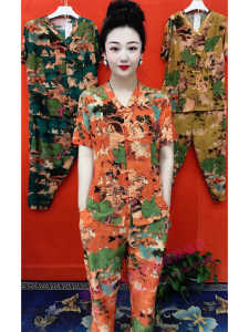 ชุดเสื้อและกางเกงผู้หญิงฤดูร้อนบางๆ ลำลอง คอวี แขนสั้น ผ้าไหมน้ำแข็ง ชุดสองชิ้น ชุดแฟชั่นวัยกลางคนและวัยชรา