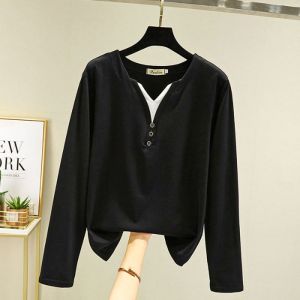 Loose Long Sleeve T-Shirt for Middle-Aged Mothers plus Size Casual Style Cover Belly Button Detail Cotton Blend Autumn Wear