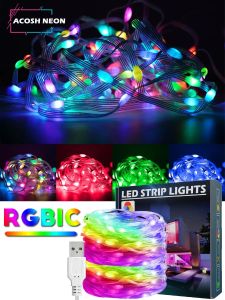 WS2812B Led String Christmas Tree Lights 5m/10m BT Music App Control RGBIC Dreamcolor Addressable Party Decoration USB DC5V