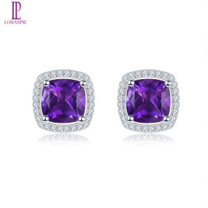 Lohaspie Jewelry Real Stud Earring For Women Sterling Silver 925 Natural Amethyst Stud Earring Purple Gemstone Earrings With Amethyst Stone Jewelry