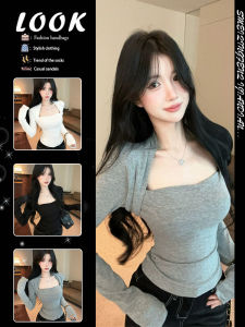 Flirty & Elegant Mock Two-Piece Square-Neck Long-Sleeve T-shirt