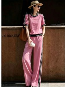 NUANPING | Light Mature Pink Glitter Contrast Stripe Summer Short Sleeve T-shirt and Casual Pants Set