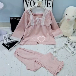 Bộ pijama kẻ bèo tiểu thư hồng tay dài quần dài đồ bộ mặc ở nhà cổ vuông chất vải đũi gân dễ thương CARY