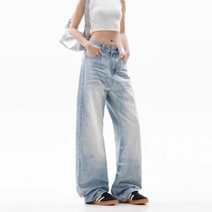 Retro American Light Blue Denim Jeans Womens Straight Leg Casual Wide Leg Loose Slimming Drapey Washed Cat Trendy Pants