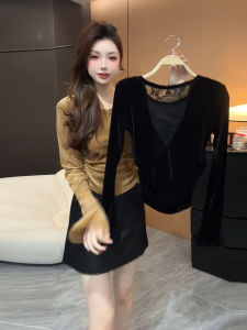 Áo Thun Tay Áo Rộng Cổ Tròn Màu Trơn Dài Tay Bằng Vải Nhung Mùa Thu Mới Dành Cho Nữ Áo Thun Hở Lưng Ôm Vừa Vặn Tôn Dáng