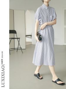 LUXIXIAO Womens A-Line Shirt Dress High Waist Short Sleeve Striped Loose Fit Midi High Collar New 2025 Elegant Elegance