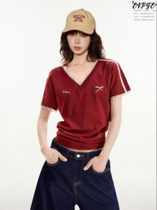 EVPGB | Áo Thun V-Neck Ngắn Đỏ Lace Mùa Hè