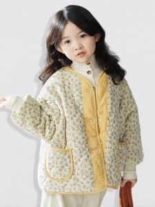 Girls Autumn Winter Cotton Jacket Fleece Lined Thick Warm Childrens down Cotton Coat Short Floral Print Coat for Young Kids