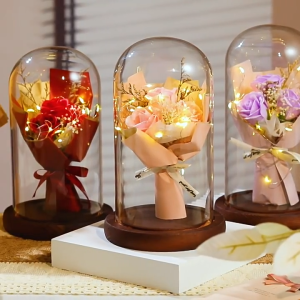 YINDIAO Artificial Rose Flower Lamp Transparent Cover Flower Bouquet LED Night Light Birthday  Valentines Teachers Gift