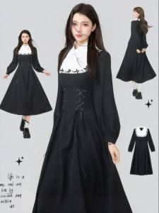 KEIKO | French Vintage Lace A-Line Black Long Dress