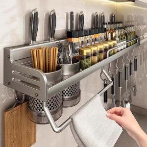Multi-Functional Kitchen Wall-Mounted Spice Storage Rack Chopsticks Knife Holder Integrated Aluminum Alloy Rust-Resistant Shelf