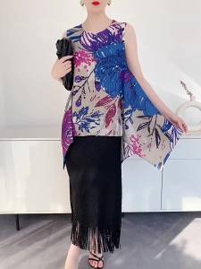 S-1037F# One Size (45-75kg) Summer Miyake Pleated Top Women Loose Fit Large Hem Printed Chinese Style Slimming T-Shirt